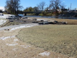 Looking south towards Evans bridge. Note low-water channel for kids to splash in and the two bridges to the "island".