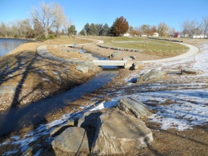  Looking north from Evans. Low-water channel is entering from the bottom and exiting at the top. This is a planned flood plane, and during high runoff, water could reach up to the row of boulders where all of the gravel is.